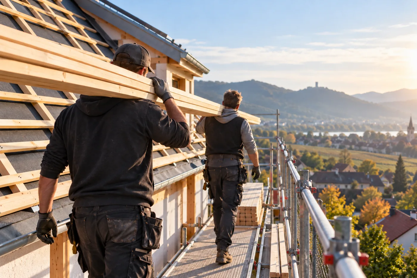 Zwei Dachdecker tragen Dachlatten über das Gerüst
