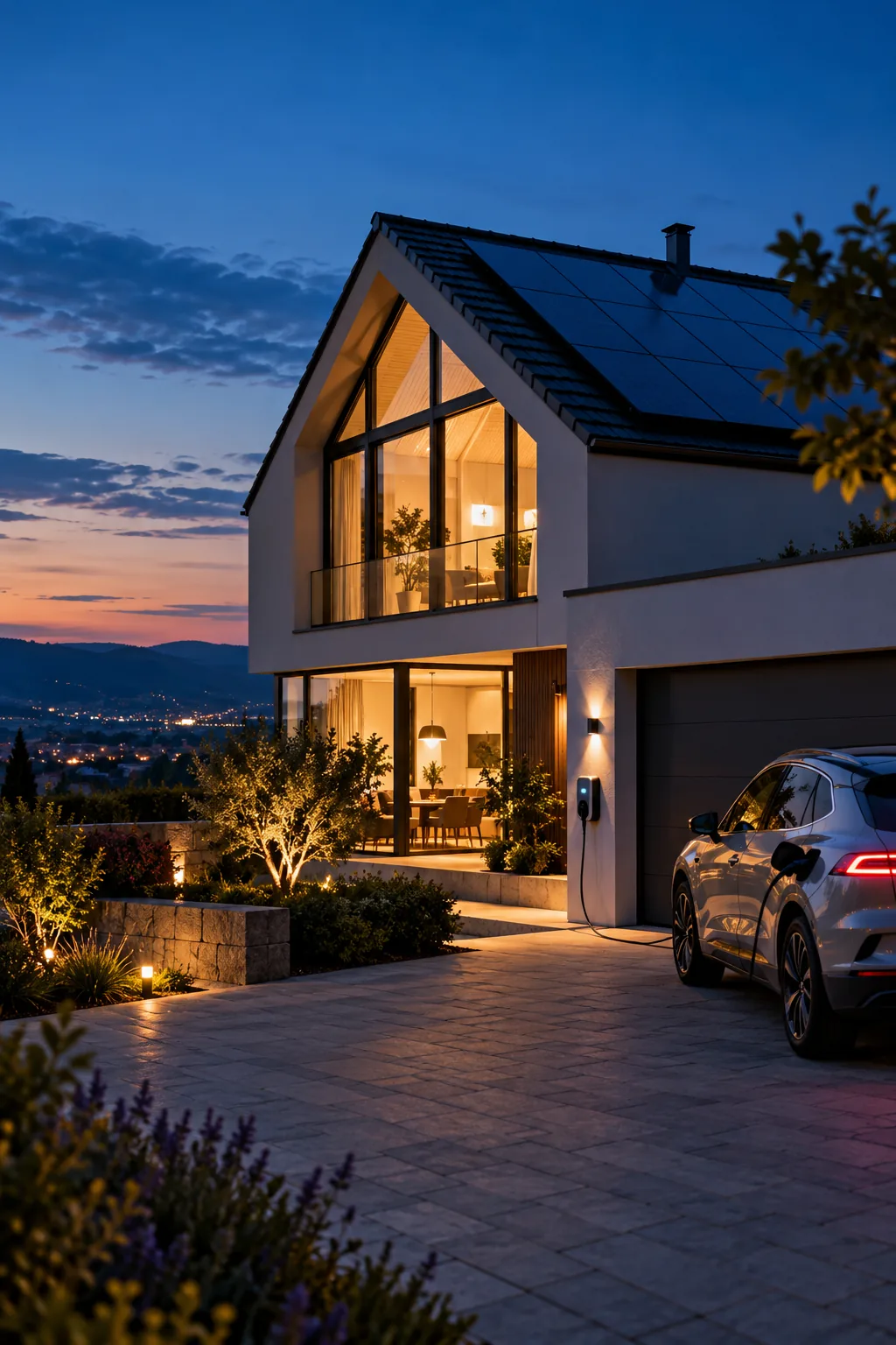 Haus zur blauen Stunde, ein Elektroauto lädt an der Wallbox