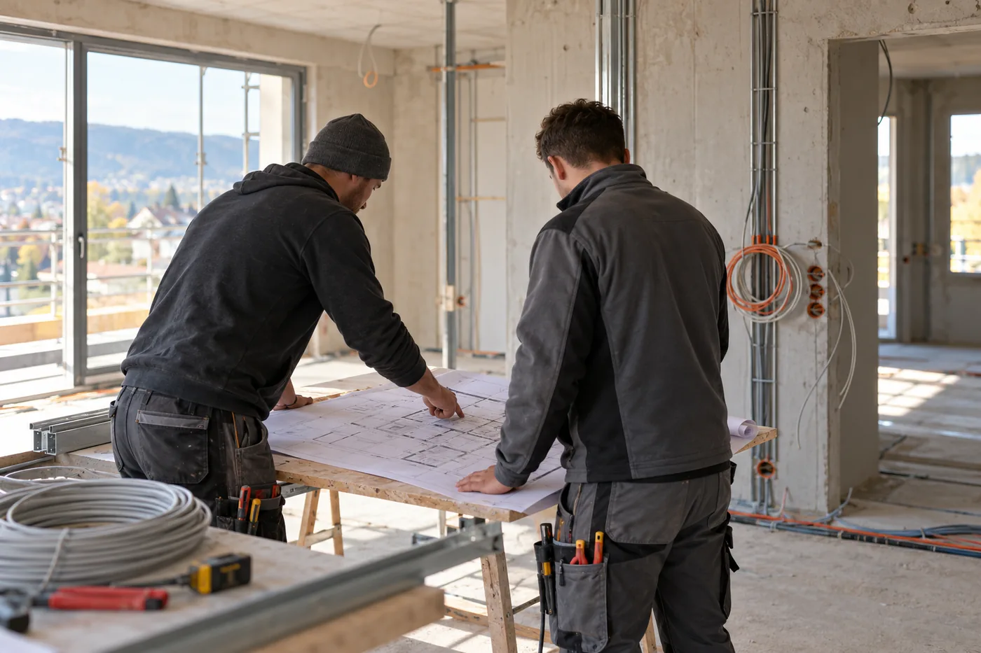 Zwei Elektriker besprechen Pläne auf einer Baustelle