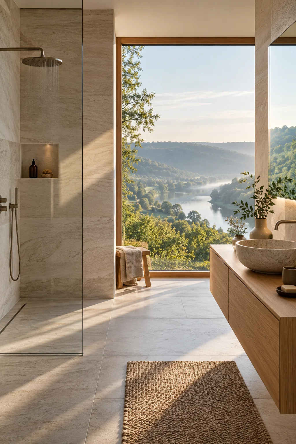 Bad mit bodengleicher Dusche aus Naturstein und Blick ins Neckartal